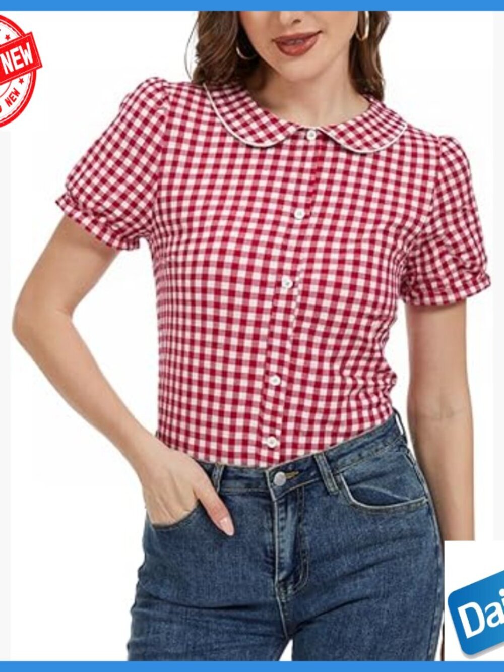 Women's Cotton Gingham Blouse Short Sleeve Button Down Peter Pan Collar